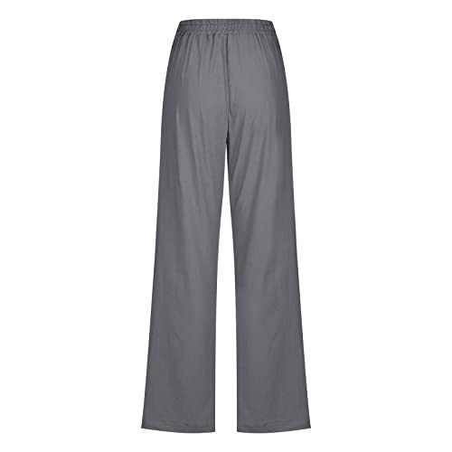 MELDVDIB Womens Casual Pants Straight Leg Drawstring Elastic Waist Cotton Linen Pants Loose Comfy Trousers with Pockets Dark Gray