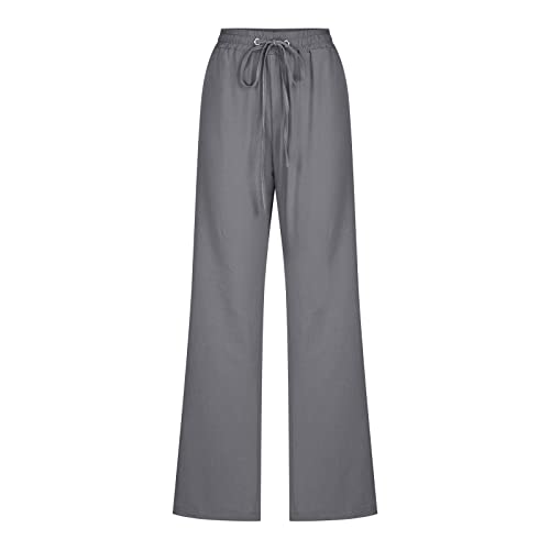 MELDVDIB Womens Casual Pants Straight Leg Drawstring Elastic Waist Cotton Linen Pants Loose Comfy Trousers with Pockets Dark Gray