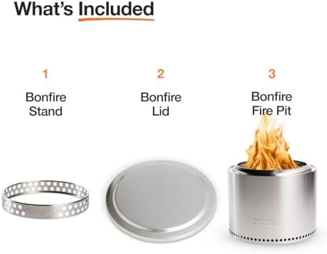Solo Stove Bonfire Essential Bundle 2.0 | Incl. Smokeless Fire Pit, Stand, Lid, Camping Accessories, Portable for Wood Burning, Removable Ash Pan, Stainless Steel, H: 16.75in x Dia: 19.5in, 21.75lbs