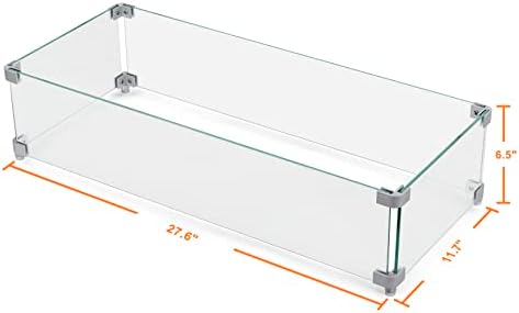Nuu Garden 27.6'' x 11.7'' x 6.5" Rectangular Fire Pit Wind Guard, Transparent Tempered Glass, Polished Aluminum Brackets, 3M Anti-Slip Pads, Fit for Best Choice 52-inch Fire Table WG01