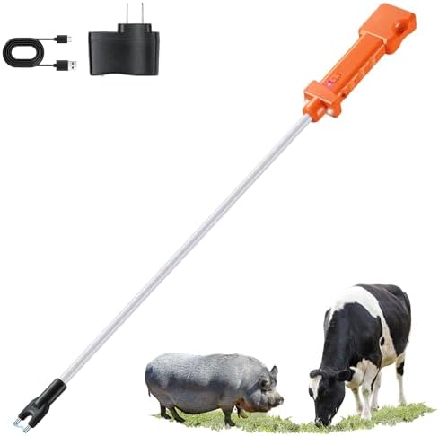 Rechargeable Cattle Prod, Waterproof Electric Livestock Prod with 2 LED Lights, Rechargeable Animal Prod for Farm Ranch Herding and Big Large Dogs, Livestock Shock Stick with Flexible Shaft