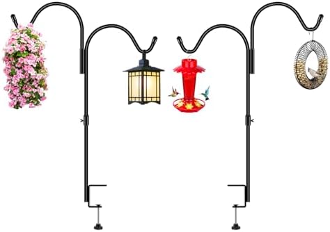 Gtongoko 35 Inch 2 Pack Double Deck Hook for Railing, Deck Bird Feeder Pole with 3 Inch Strengthened Clamp for Hanging Bird Feeders, Lanterns, Wind Chimes, Flower and Plant Baskets