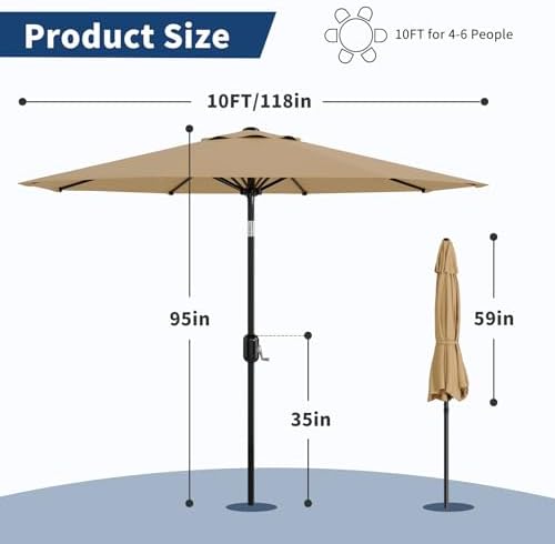 10Ft Patio Umbrella - 8 Sturdy Ribs Outdoor Table Umbrella with Crank Lift & Push Button Tilt - Market Umbrella for Pool, Deck, Yard, Garden - Tan