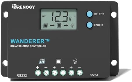 Renogy Wanderer 10A Solar Charge Controller - 12V/24V PWM Auto-Detect, LCD Display, USB & Lithium Support, Waterproof for RV Marine Off-Grid