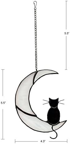Black Cat Decor On White Moon Stained Glass Window Hanging Suncatcher for Windows Panels Sun Catcher Halloween Ornament Decoration Memorial Gift for Lover Cat Loss