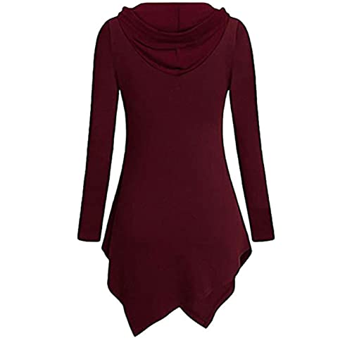 JEsilunmaMY Womens Hoodies Long Sleeve V Neck Irregular Hem Pullover Tops Solid Color Loose Patch Pocket Hooded Sweatshirt (Red2,Small)