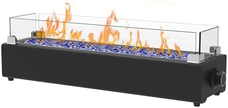 28-inch Table Top Propane Fire Pit, 40,000 BTU Tabletop Firepit for Patio, Outdoor Portable Fireplace Rectangular Fire Bowl w/Wind Glass Shield, Glass Rocks - Black