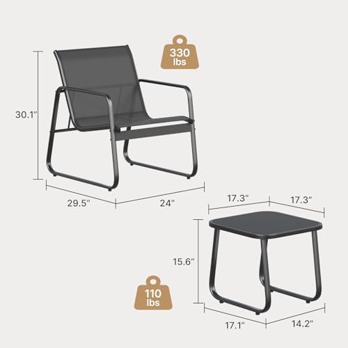 Gizoon Patio Chairs Set of 2, Patio Furniture Set with Metal Frame Glass Table, Outdoor Chairs Set of 2 for Balcony, Bistro Table and Chairs Set for Lawn, Black