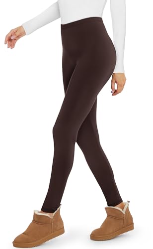 TNNZEET Fleece Lined Leggings Women, Brown Low Waisted Tummy Control No See Through Winter Thermal Soft Warm Yoga Workout Pants