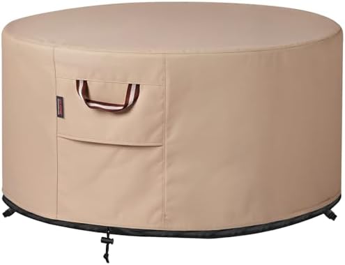 QH.HOME Fire Pit Cover Round-41-44 Inch Heavy Duty 900D Strong Tear-Resistant and UV Resistant and Waterproof and Fading Resistant Material Polyester Firepit Covers Round for Outdoor Fire Pit-Wheat