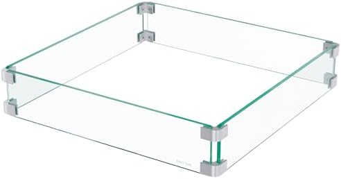 EAST OAK Glass Wind Guard for 28''&32'' Propane Fire Pit Table, Clear Tempered Wind Guard for Gas Firepit, Thick Rectangle Glass Shield with Aluminum Corner Bracket & Rubber Feet,20 x 20 x 4 inch