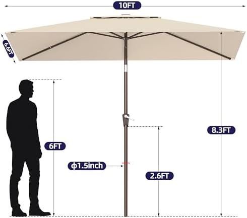 6.6x10ft Rectangular Patio Umbrella, 2 Tiers Outdoor Table Umbrellas with Push Button Tilt and Crank for Patio, Pool, Backyard, Deck, Picnic, Yard (Beige)
