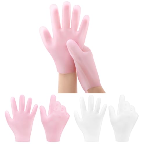 Gjinxi 2 Pairs Silicone Gloves for Dry Cracked Hands - Moisturizing Hand Care Spa Gel Gloves for Women After Pedicure - Pink & White