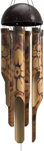 Rustic Bamboo Wind Chimes - Outside Outdoor Wooden Windchimes, Small, Floral Burned Design with Coconut Crown, Handcrafted with Calming Deep Tones, Home Decor Ideal Gift for Him & Her