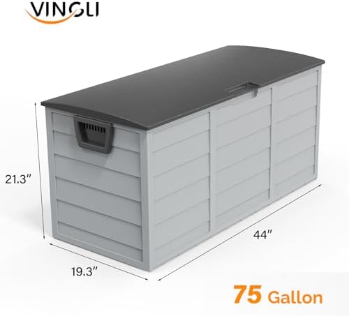 VINGLI 75 Gallon Outdoor Storage Box, Lockable Plastic Storage Containers with Lid, Patio Deck Box Furniture for Garden, Pool, Balcony, Yard (Grey)