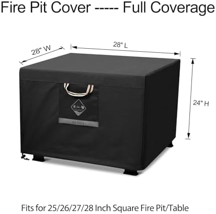 QH.HOME Fire Pit Cover Square, 28 inch Firepit Covers,Heavy Duty Fabric 100% Waterproof, Fits Outdoor for 25inch,27 inch,28 inch Square, Fireplace Cover,Gas Fire Pit Cover (28โL x 28โW x 24โH,Black)