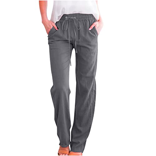 MELDVDIB Womens Casual Pants Straight Leg Drawstring Elastic Waist Cotton Linen Pants Loose Comfy Trousers with Pockets Dark Gray