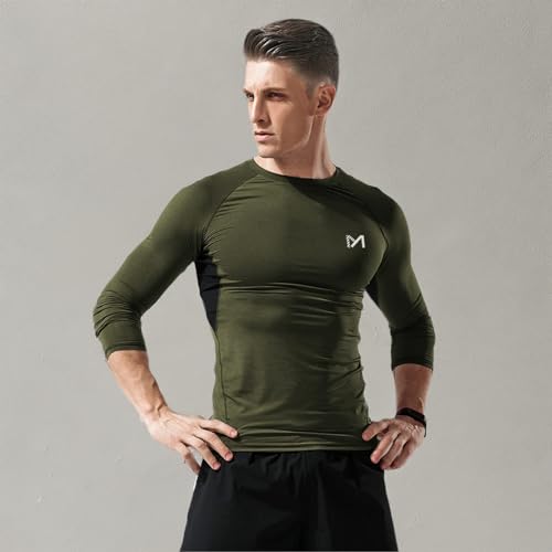 MEETYOO Men's Compression Long Sleeve Athletic Workout Shirt, Green, X-Large