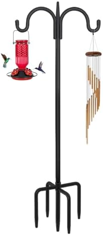 FEED GARDEN Adjustable Double Shepherds Hook for Outdoor with 5 Prong Base 63 Inch Heavy Duty Two Sided Bird Feeder Pole for Hanging Plant Baskets, Solar Light Lanterns, Wind Chimes