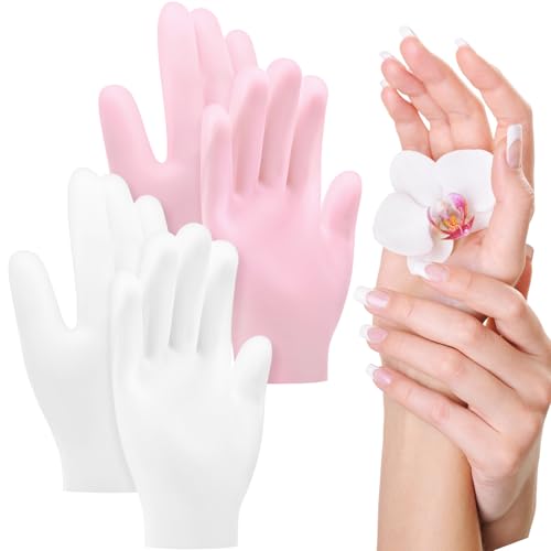 Gjinxi 2 Pairs Silicone Gloves for Dry Cracked Hands - Moisturizing Hand Care Spa Gel Gloves for Women After Pedicure - Pink & White