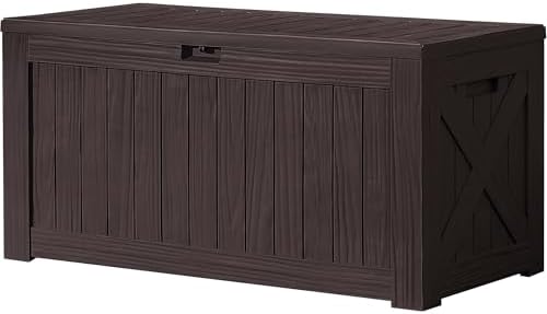 Devoko 120 Gallon Deck Box Resin Outdoor Storage Box Waterproof for Patio, Large Outdoor Storage Bench Lockable for Outside (Deep Brown)
