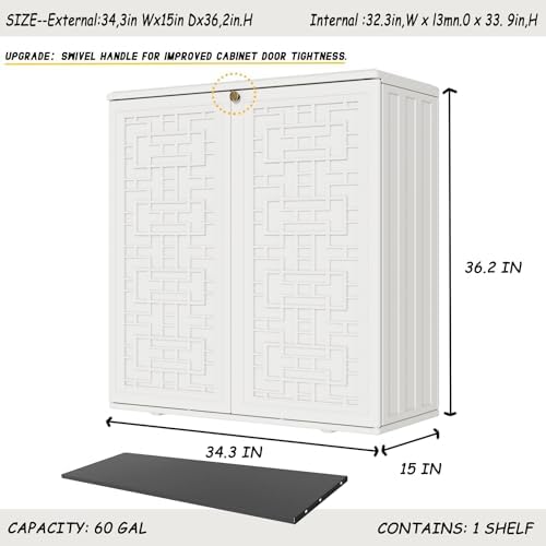 Indoor Outdoor Storage Cabinet Waterproof with Shelf, Off White Plastic Outdoor Cabinets for Patio/Garden/Backyard, Size 34.3''L*15''W*36.2''H