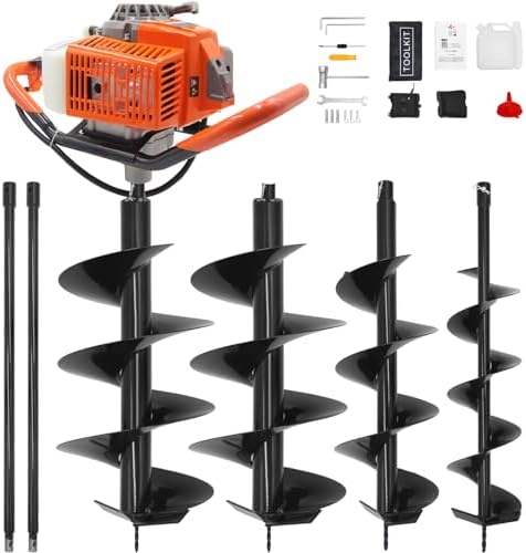 72CC Auger Post Hole Digger, 2 Stroke Gas Powered Earth Post Hole Digger with 3 Auger Drill Bits(4" & 6" & 12") + 2 Extension Rods for Farm Garden Plant, Orange (72cc+3 Auger(4"6"12")+2 Ext)