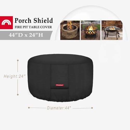Porch Shield Fire Pit Cover - Waterproof 600D Heavy Duty Fade Resistant Round Patio Fire Bowl Cover Black - 44 inch