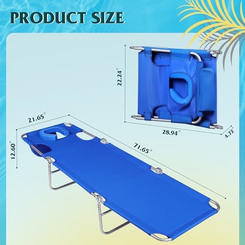 WLIVE Beach Chair for Adults, 4-Position Folding Tanning Chairs with Face Hole, 2 Legs Support Portable Outdoor Chair for Beach, Pool, Blue