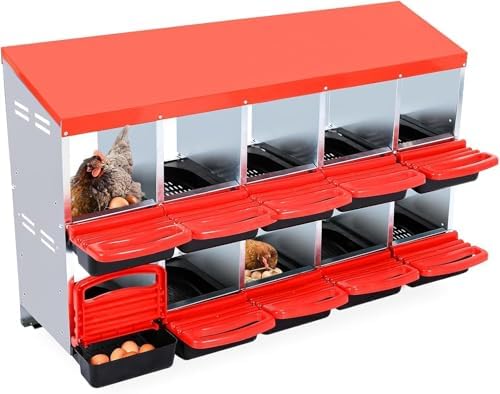Chicken Nesting Box,10 Compartment Nesting Boxes for Laying Eggs,Wall Mount Poultry Roll Away Chicken Laying Boxes,Easy Egg Collection,Cleanable Pull Out Hen Roosting Boxes 10 Hole