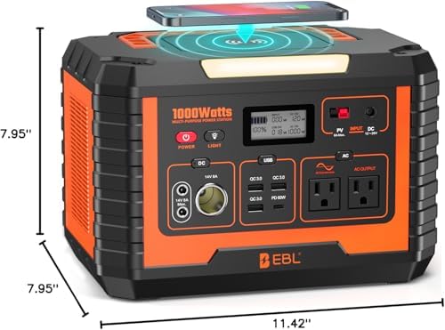 EBL 1000W Portable Power Station, 999Wh Solar Generator (2000W Peak), AC/Wireless Charging/60W USB-C Output, Lithium Battery for Emergency, Home Backup, Camping, RV, Off-Grid Living