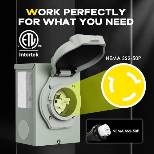 50 Amp Generator Power Inlet Box, NEMA SS2-50P for 3 Prong Generator Cord, 125/250 Volt, 12500 Watts, Weatherproof, Outdoor Use, ETL Listed