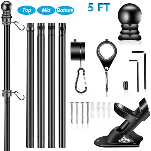 Black Flag Pole Kit for House, 5 FT Thickened Stainless Steel Outside Wall Mount Flagpole for 3x5' Flag, 1" Tangle Free Rotating Flag Pole Rings & 2-Position Bracket Holder for Porch