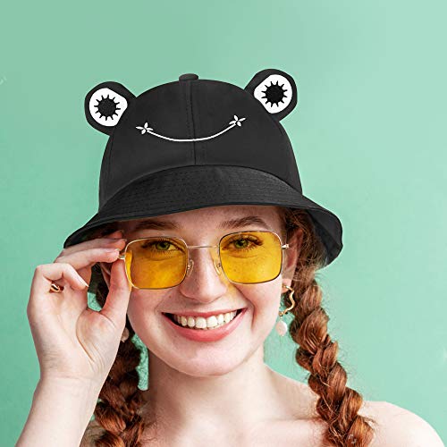 SAOROPEB Frog Hat for Adult Teens, Cute Frog Bucket Hat, Cotton Bucket Hat Funny Hat Fisherman Hat for Men Women Black
