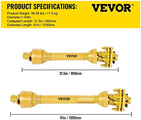 VEVOR PTO Shaft, 1-3/8" PTO Drive Shaft, 6 Spline Both Ends PTO Driveline Shaft, Series 4 Tractor PTO Shaft, 31.5"-41" Brush Hog PTO Shaft, Yellow PTO Shaft w/Slip Clutch for Bush Hog/Finish Mower