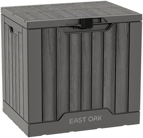 EAST OAK Outdoor Storage Box | 31 Gallon Deck Box Indoor and Outdoor Use | Waterproof Resin Storage Bin with Latch for Patio Cushions, Gardening Tools | UV Resistant | Deep Grey