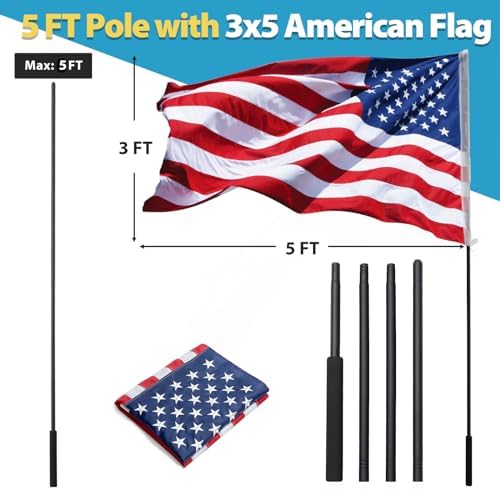 Flag Pole Portable, 5 ft Flag Poles for 3x5 Flags Outdoor, American Flag with Pole for Outside, Handheld Black Flagpole Kit for Carry Use, Parade, Guide, Extendable