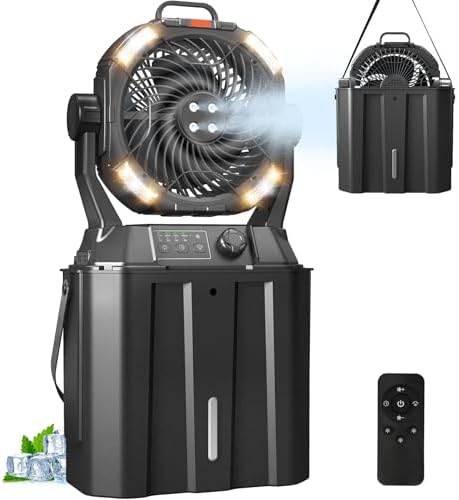 20000mAh Misting Fan with 6L Bucket & 4 Spray Misters, Waterproof Outdoor Cooling Fan for Camping/Patios - Remote Control, 4 LED Light, Stepless Speed & 56H Runtime, Rechargeable Battery, Hanging Hook