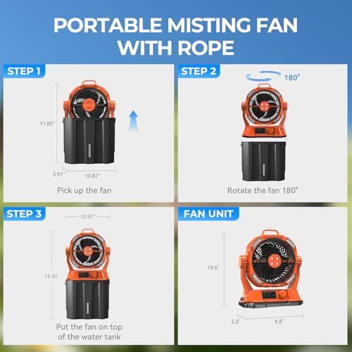 20000mAh Misting Fan with 6L Bucket & 4 Spray Misters, Waterproof Outdoor Cooling Fan for Camping/Patios - Remote Control, 4 LED Light, Stepless Speed & 56H Runtime, Rechargeable Battery, Hanging Hook