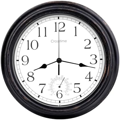 16 Inch Large Outdoor Clock Waterproof with Thermometer Retro Wall Clocks for Patio Pool Garden Home,Bronze