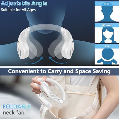 Neck Fan Rechargeable-Misting Neck Fans that Blow Cold Air,Folding Neck Cooling Fan with LED Display&5 Fan Speeds,Indoor Outdoor Hanging Bladeless Battery Powered Neck Cooler for Women Men Kids White