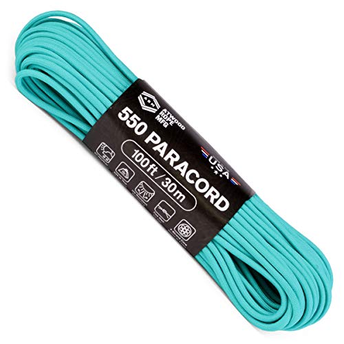 Atwood Rope MFG 550 Paracord 100 Feet 7-Strand Core Nylon Parachute Cord Outside Survival Gear Made in USA | Lanyards, Bracelets, Handle Wraps, Keychain (Teal)