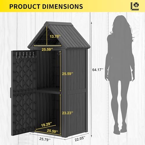 Outdoor Resin Storage Shed, Upgrade Durable Storage Cabinet with Removable Shelves and Lock Ring, Reinforced Floor, All-Weather Construction for Garden Patio Lawn (Black)