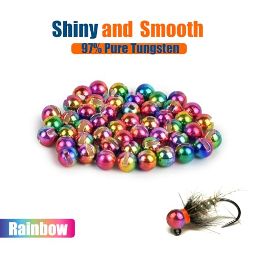 MUUNN 50pcs Tungsten Slotted Beads for Fly Tying,12 Colors/13 Sizes Tungsten Beads Heads Slotted Fly Tying Materials(Rainbow,2.5mm