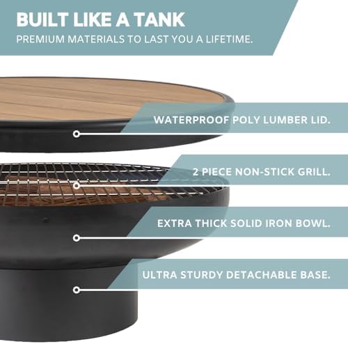 32 Inch Round Fire Pit Table with Fire Pit Grill, Extra Thick, Heavy Duty Fire Bowl, Deep Outdoor Firepit, Wood Burning Firepits for Outside Patio, Backyard Fire Pits, Large BBQ Pit