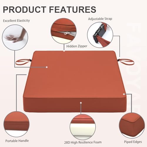 Favoyard Patio Chair Cushions 19 x 19 x 3 Inch Waterproof Outdoor Seat Cushions for Patio Furniture 3-Year Color Fastness Garden Sofa Couch Chair Pads with Handle & Adjustable Straps Set of 2, Spice