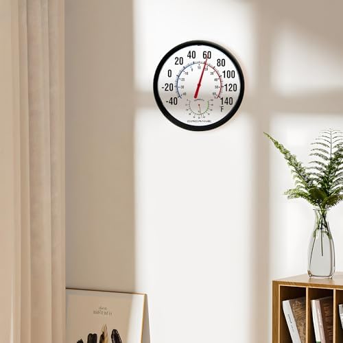 Circrane 13.25 Inch Round Thermometer with Hygrometer, Large Indoor Wall Patio Bimetal Weather Thermometer, No Battery Required, Black