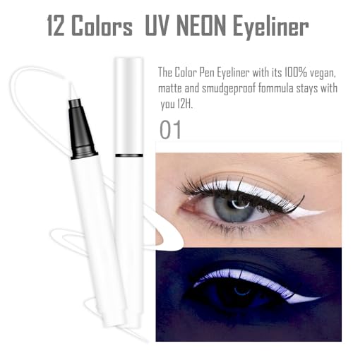 evpct Colorful UV Neon Liquid Eyeliner Pencil Pen, Rainbow Halloween Matte Colored Eyeliners Pencil Glow in Dark, Waterproof Long Lasting Highpigmented Delineador de ojos líquido de neón 01# White