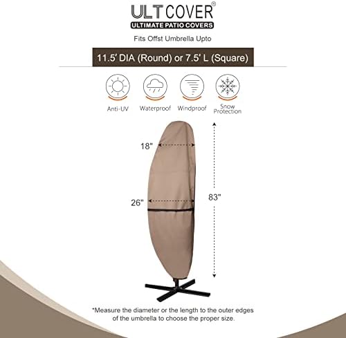 ULTCOVER Patio Parasol 600D Waterproof Outdoor Offset Banana Style Umbrella Cover - Fits Cantilever Offset Umbrella 7.5-11.5 Feet