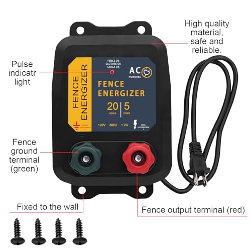 PE5 Electric Fence Energizer and 17 Gauge Spool Aluminum Wire Livestock Fence Chargers for Containing Pets and Preventing Wild Animals Intruding (0.20 Joule,20 Acres)